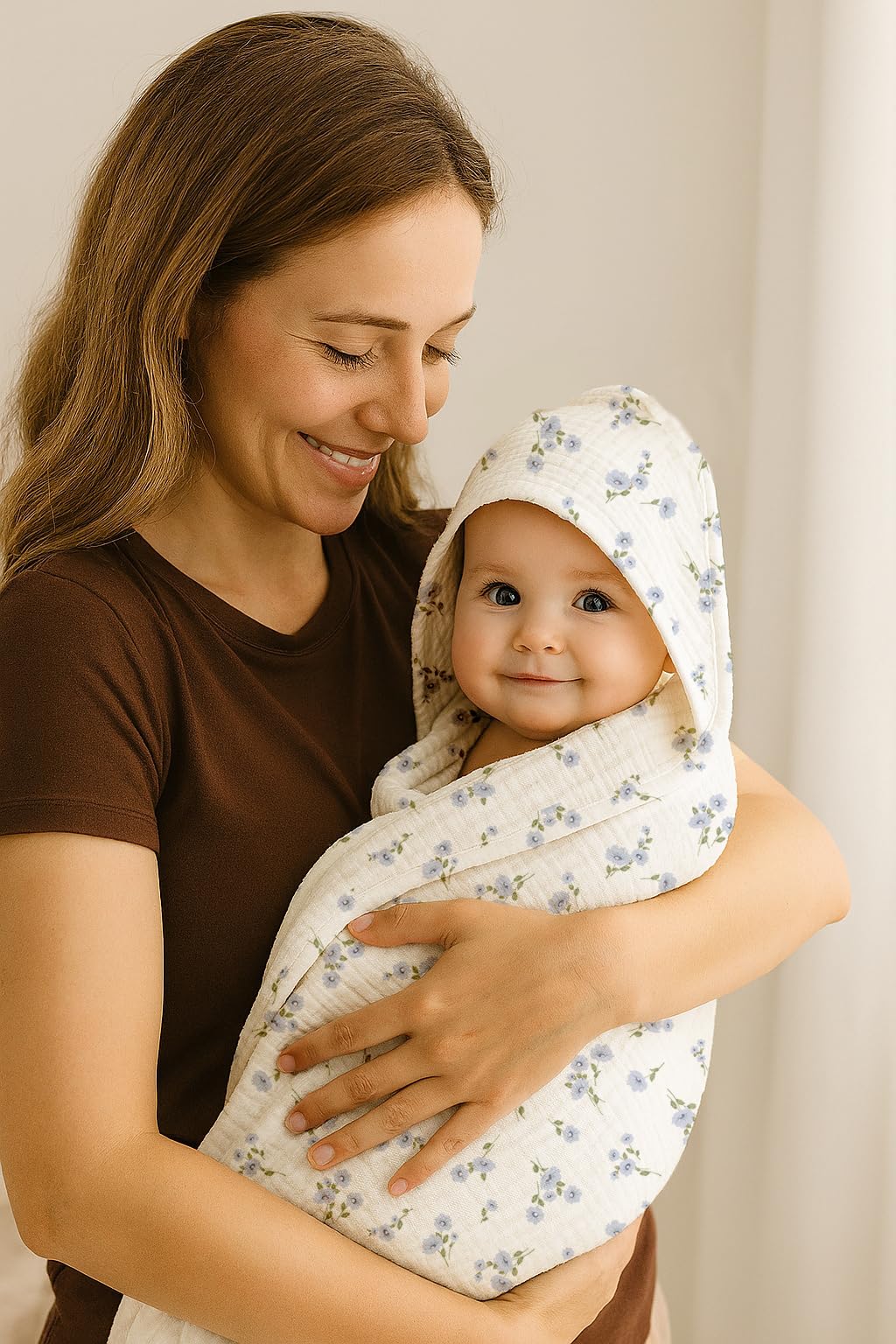 Wimist Hooded Baby Towels 32x32 wrap across baby after bath.