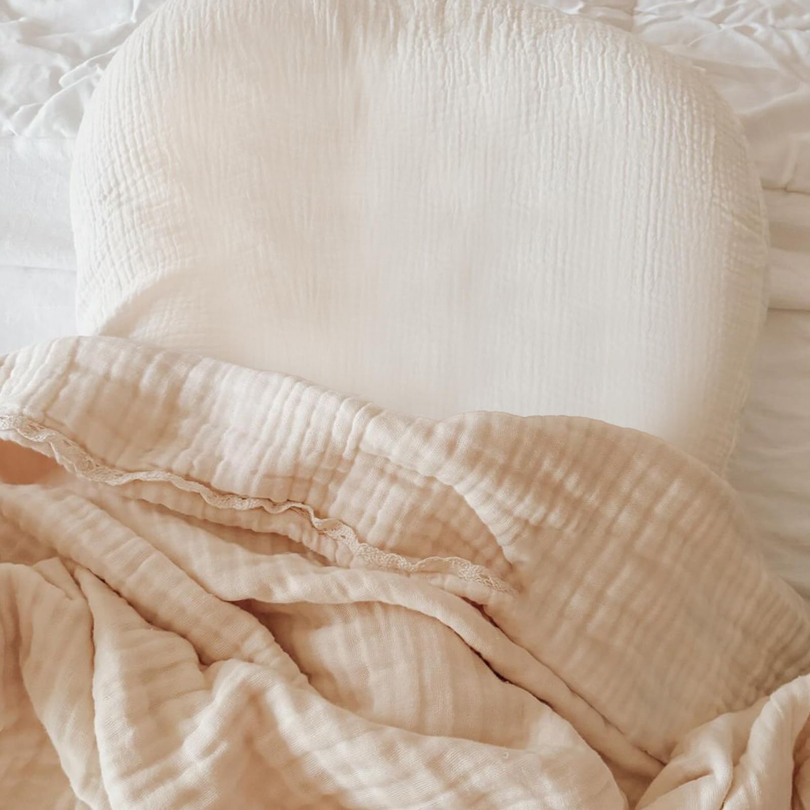 Wimist muslin baby lounger cover beige side view—gentle texture for cozy naps