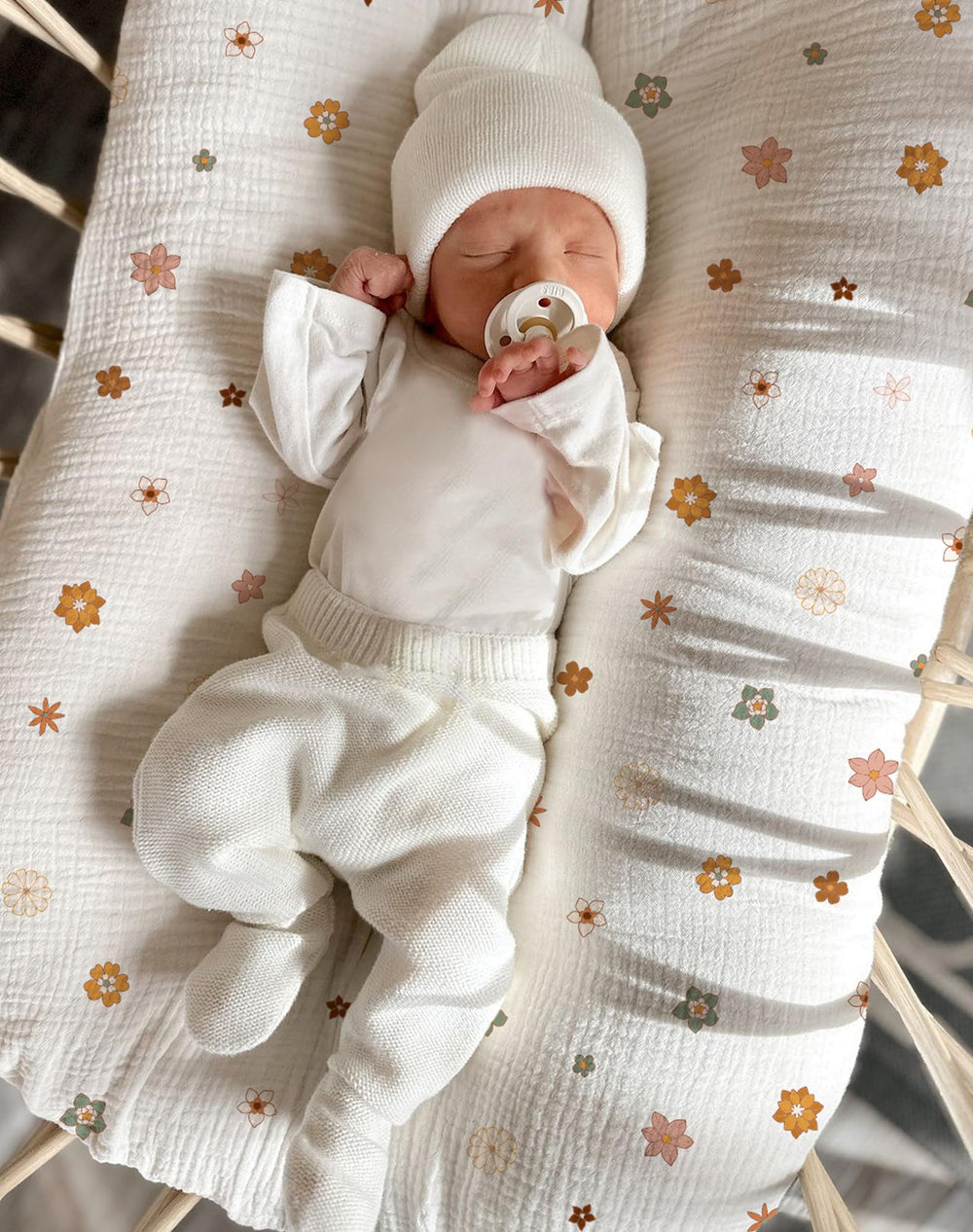 Wimist Muslin Baby Lounger Cover Flower-B folded to illustrate envelope closure