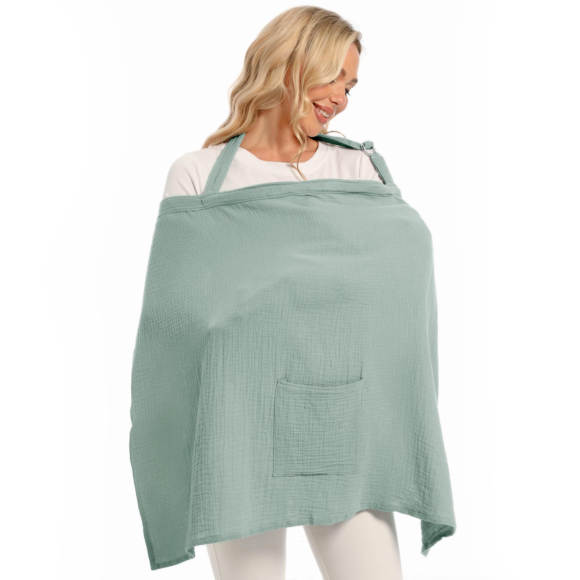 Wimist muslin nursing cover sage front view offers discreet privacy and breathable coverage.