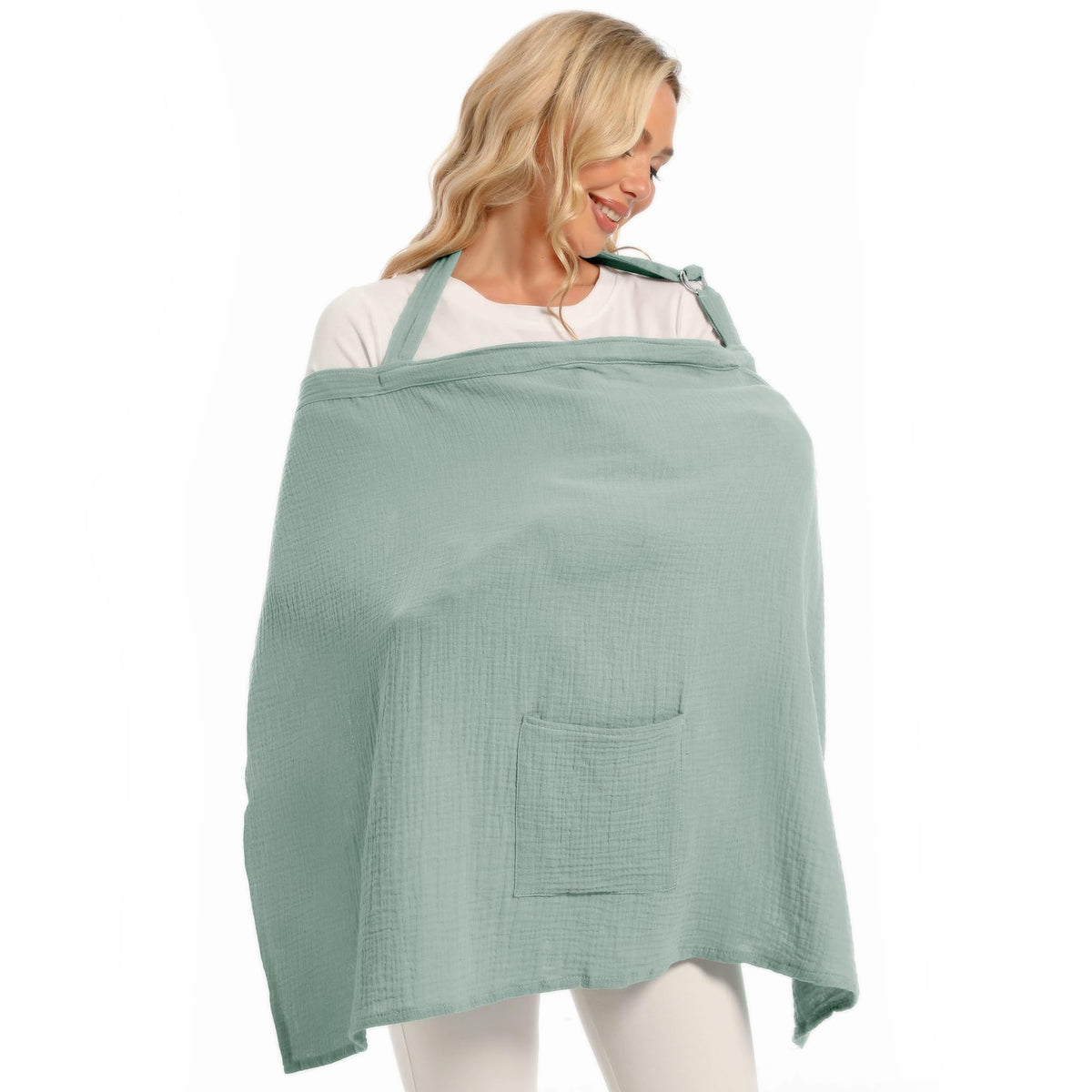 Wimist muslin nursing cover sage front view offers discreet privacy and breathable coverage.