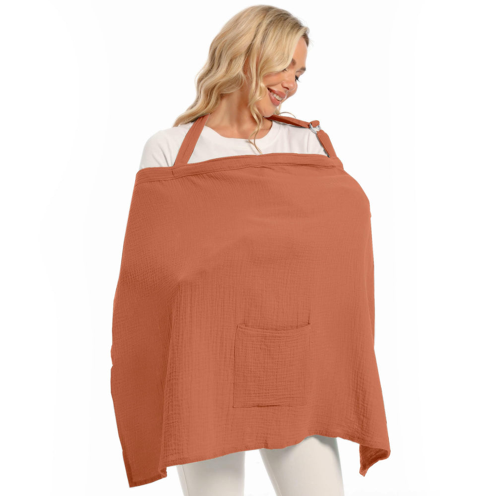Wimist nursing cover brick color view shows full coverage for discreet feeding on the go