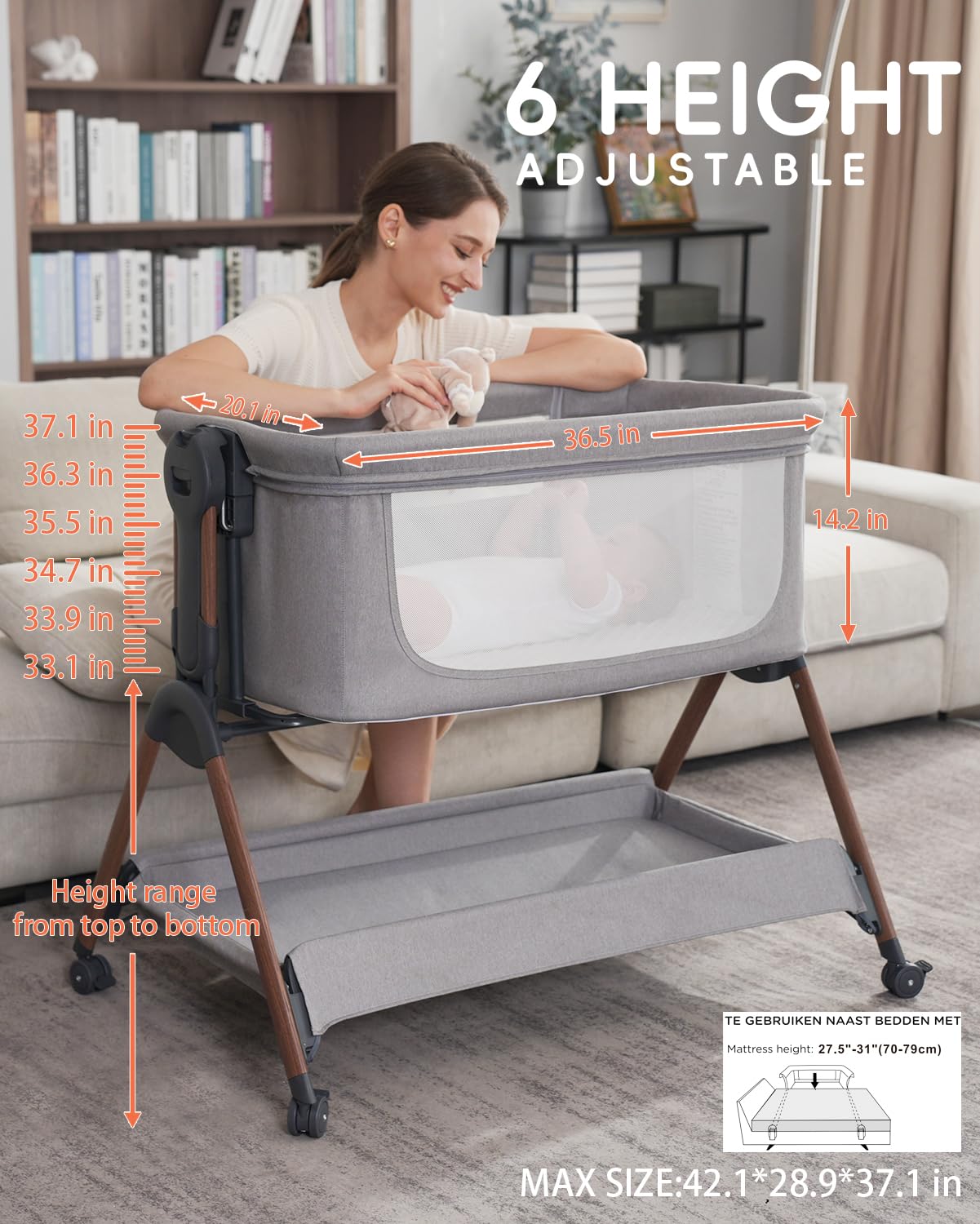 Winchild height adjustment shows six levels to match bed height precisely