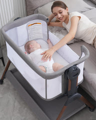 Winchild baby bassinet side-sleeper demonstrates bedside integration for easy midnight care