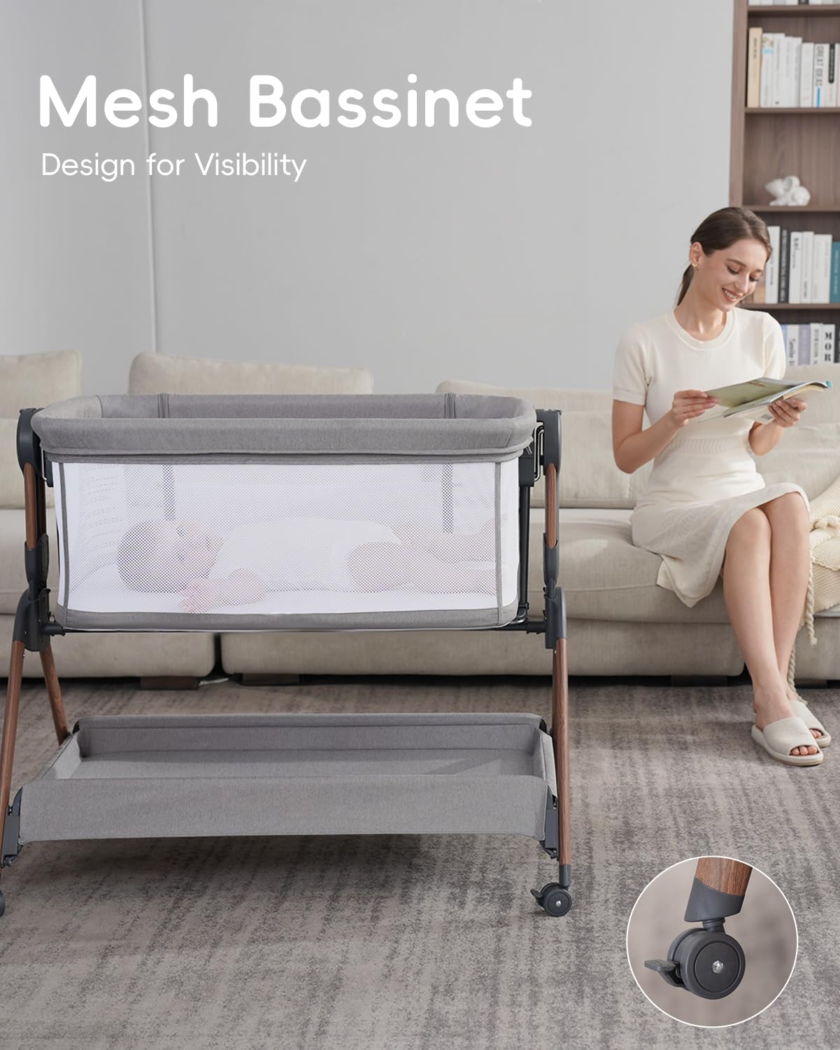 Winchild bassinet with four lockable wheels enables quiet room-to-room mobility