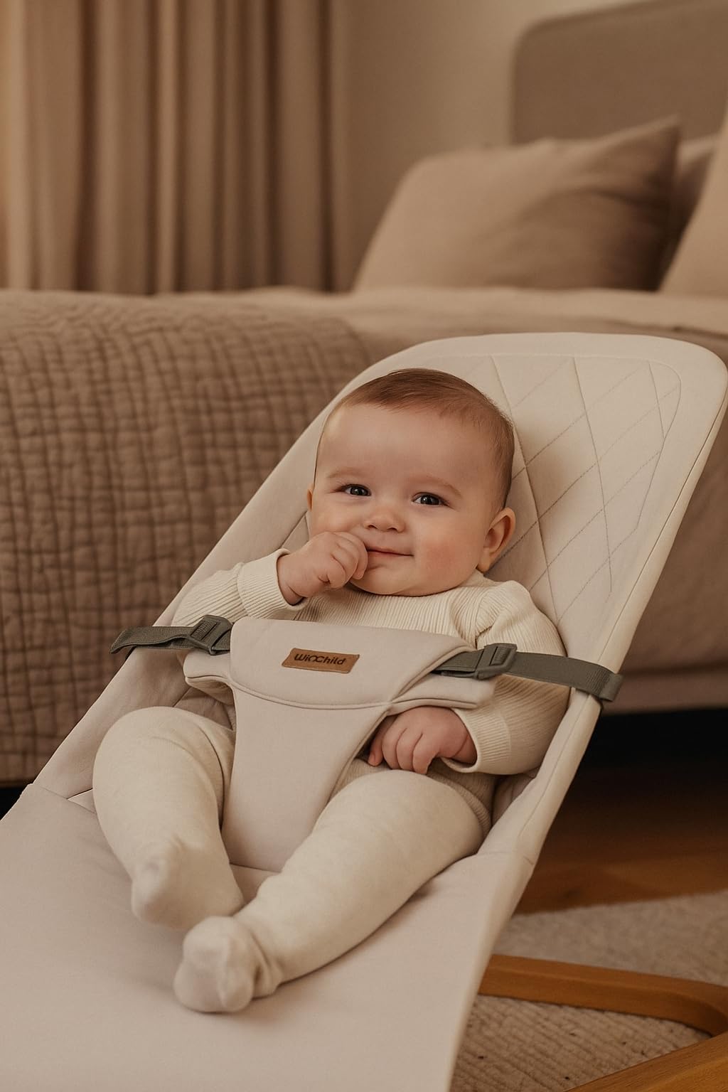 Compact folded Winchild bouncer in beige wood-grain style for storage
