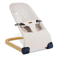 Winchild baby bouncer in beige wood-grain seat, ergonomic comfort for tiny backs