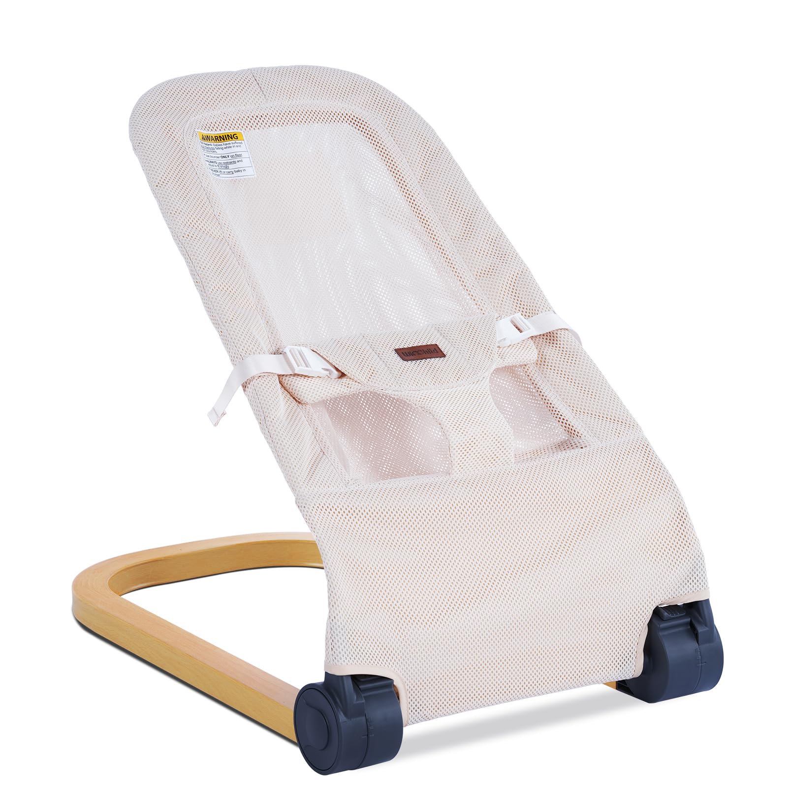 Winchild Baby Bouncer wood-grain seat highlights ergonomic design for comfortable infant support.