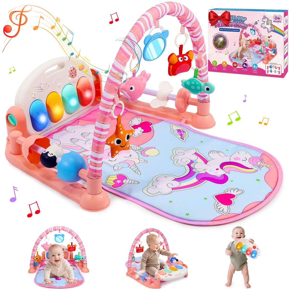 Windidi baby gym with detachable piano and sea toys promotes tactile and auditory sensory play.