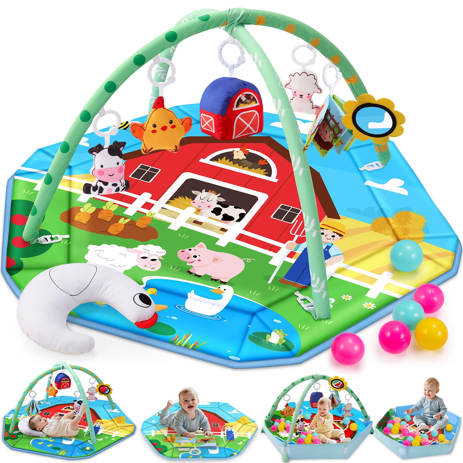 Windidi Farm Animal Baby Gym Mat front view for spacious tummy time and safe play.