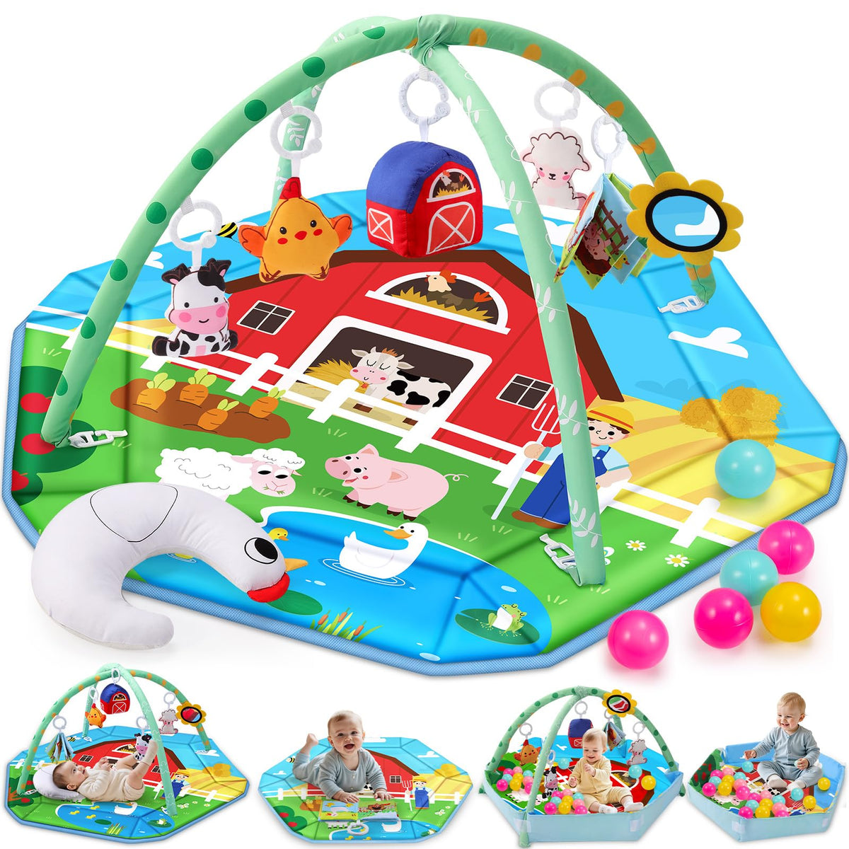 Windidi Farm Animal Baby Gym Mat front view for spacious tummy time and safe play.