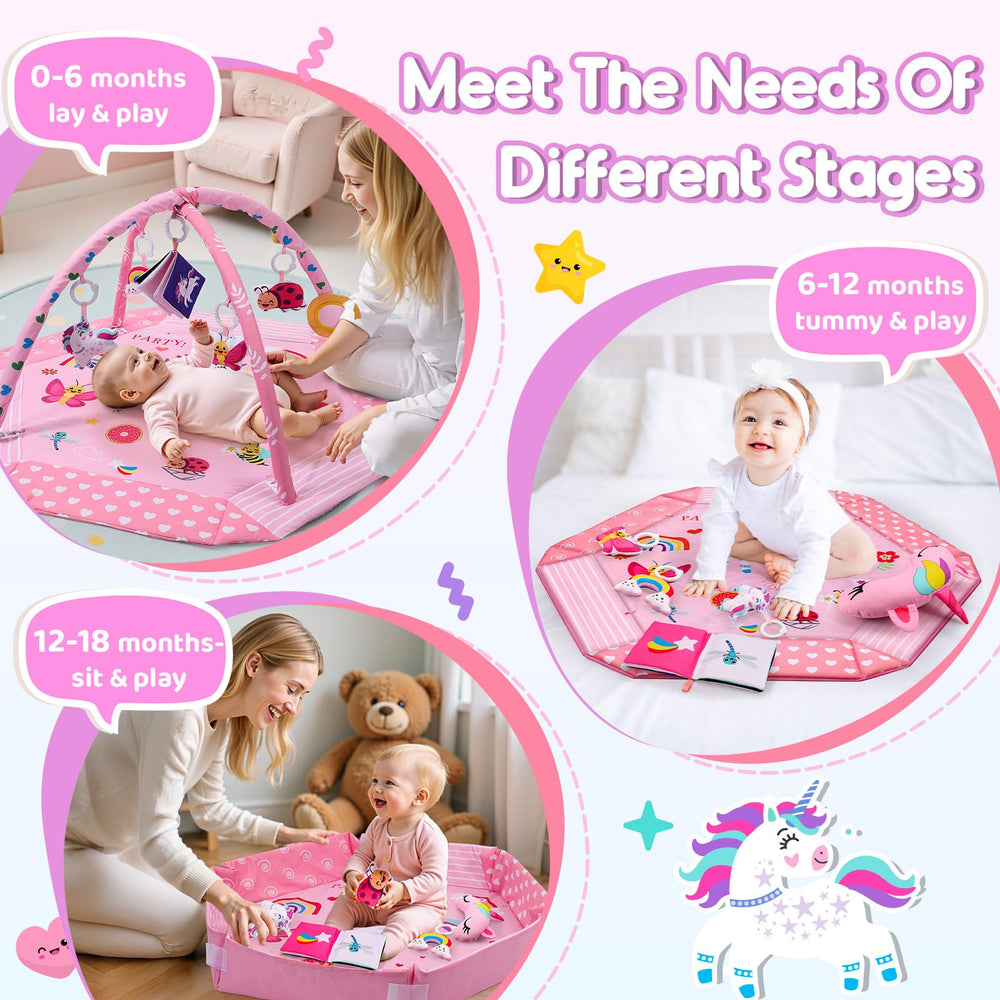 Windidi Unicorn Baby Gym toys display includes sensory items and mirror to spark exploration.