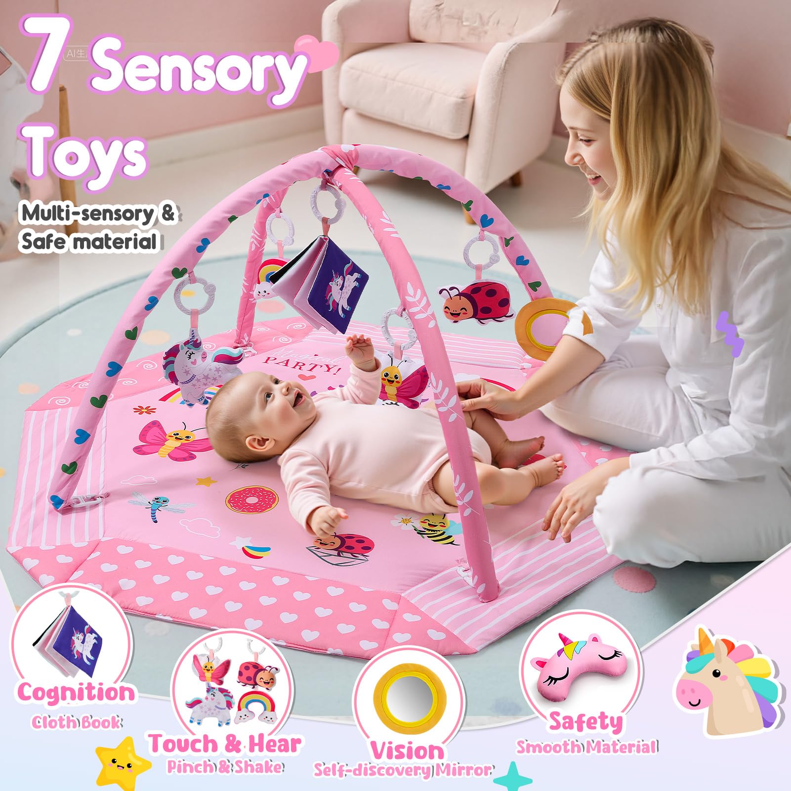 Windidi Unicorn Baby Gym with tummy time moon supports extended stretches for baby's neck and shoulder muscles.
