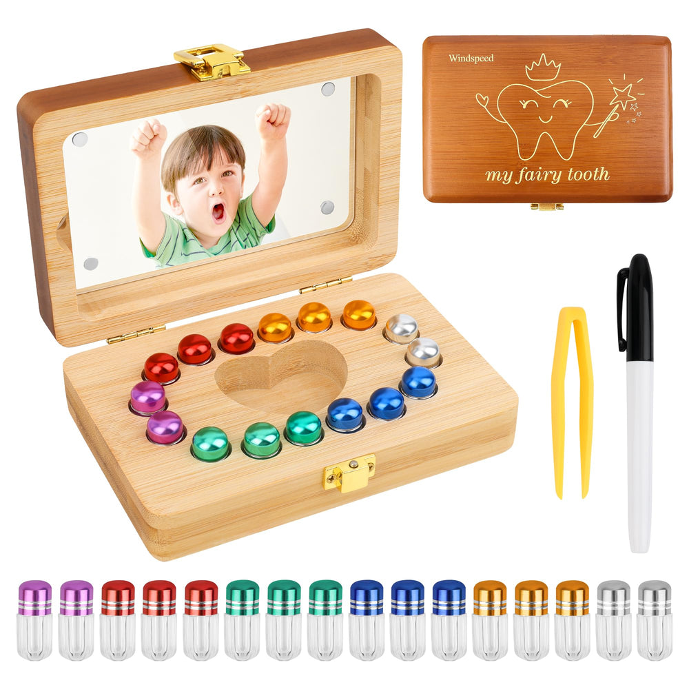 Windspeed wooden tooth box showing a compact keepsake with 16 organized slots for teeth