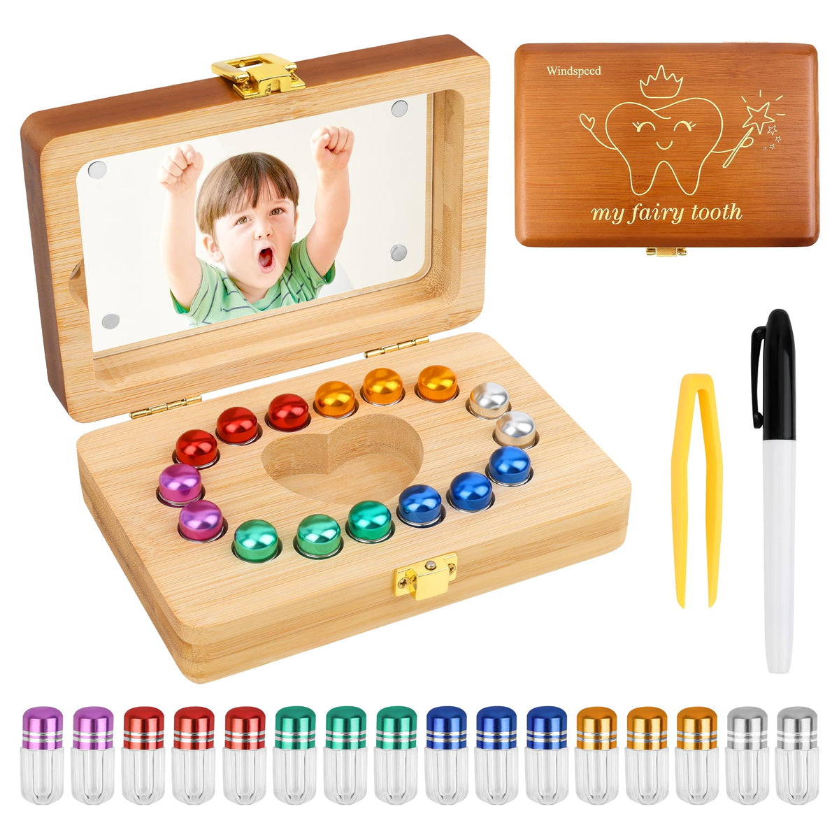 Windspeed wooden tooth box showing a compact keepsake with 16 organized slots for teeth