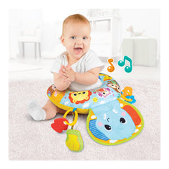 Winfun Jungle Fun tummy time pillow squeaker button providing intermittent auditory engagement