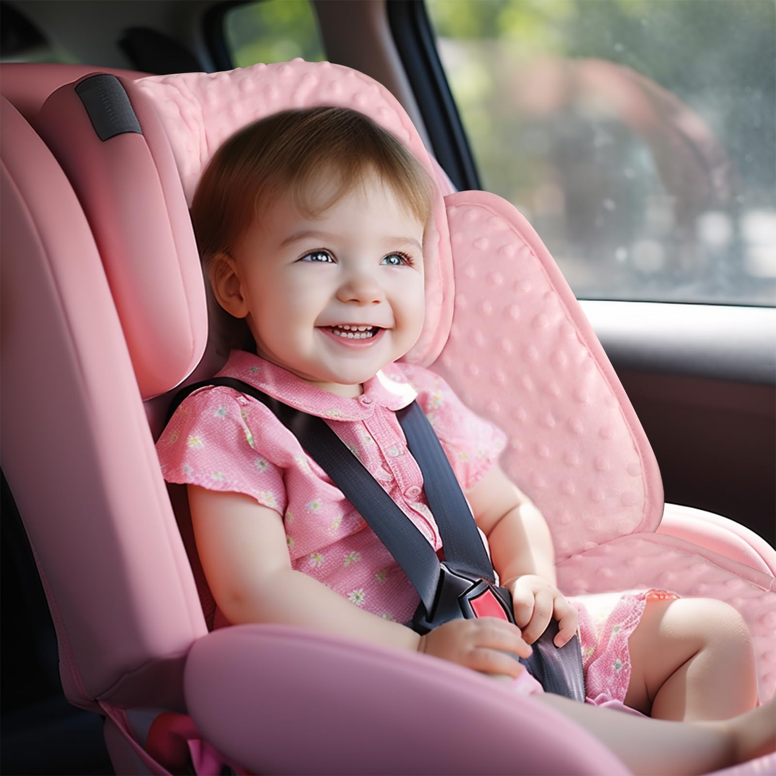 WINGHENLEE 3-point and 5-point harness compatible head support in pink.