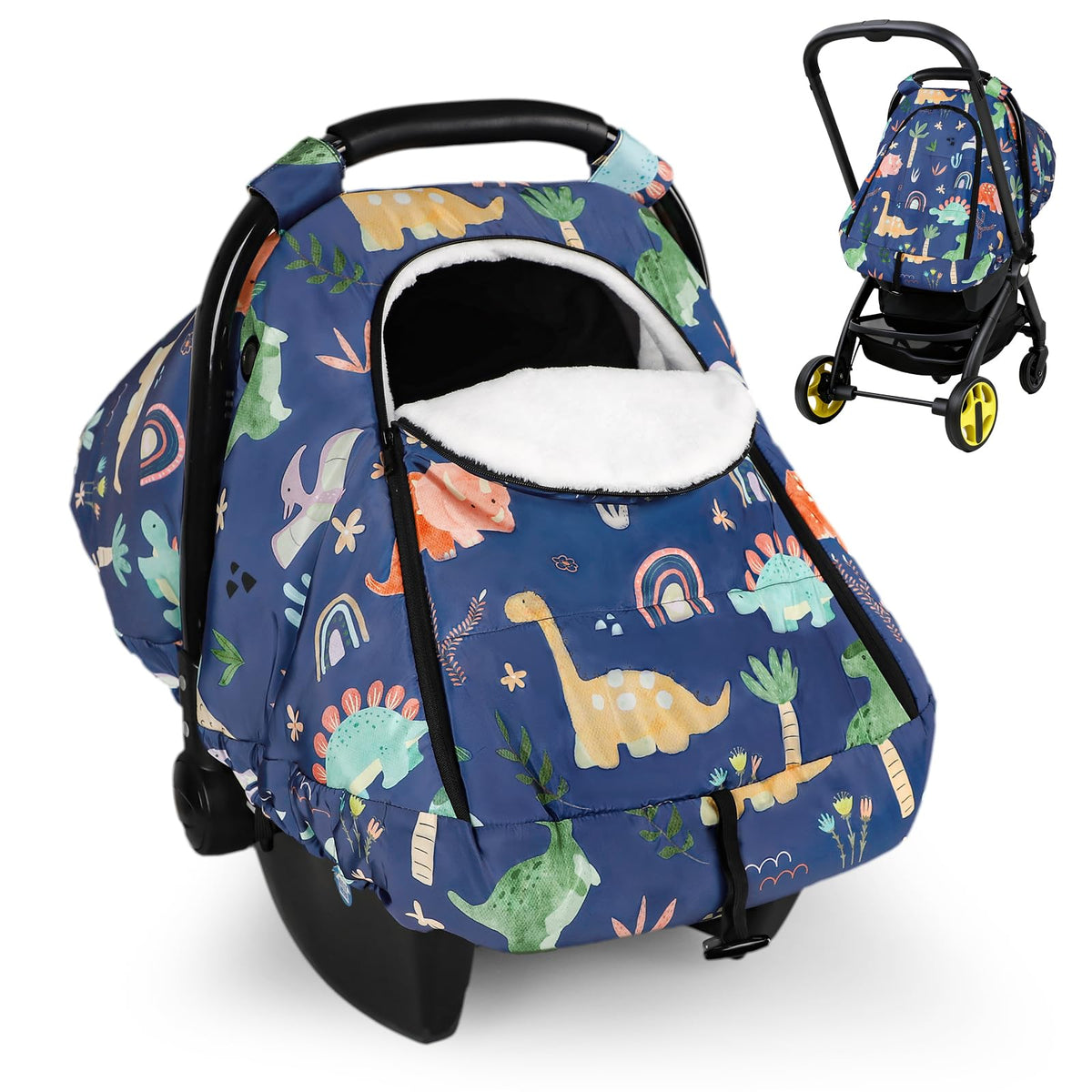 WINGHENLEE winter baby car seat cover blue dinosaur close-up for cozy warmth.