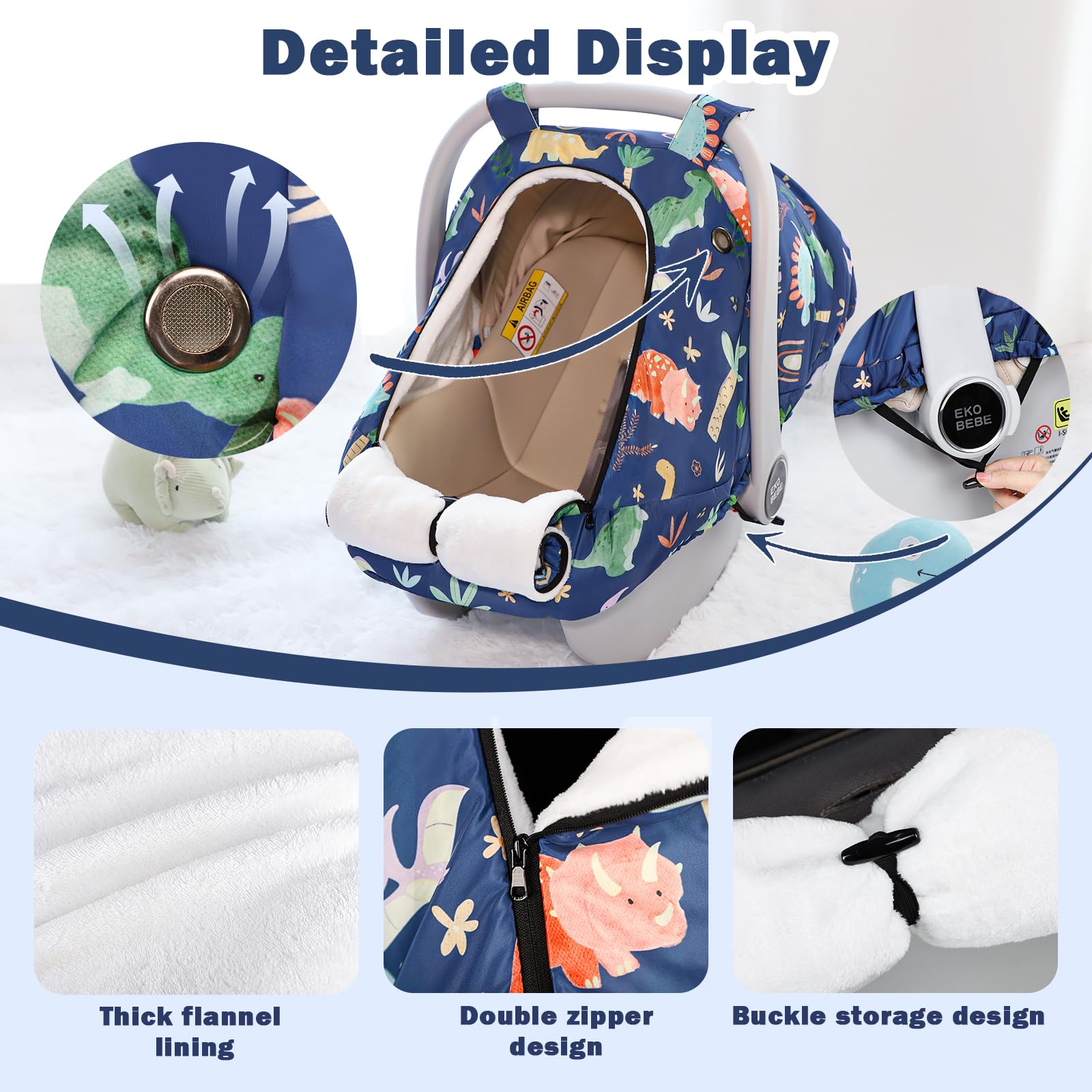 WINGHENLEE winter baby car seat cover blue dinosaur in stroller demonstrates universal fit.