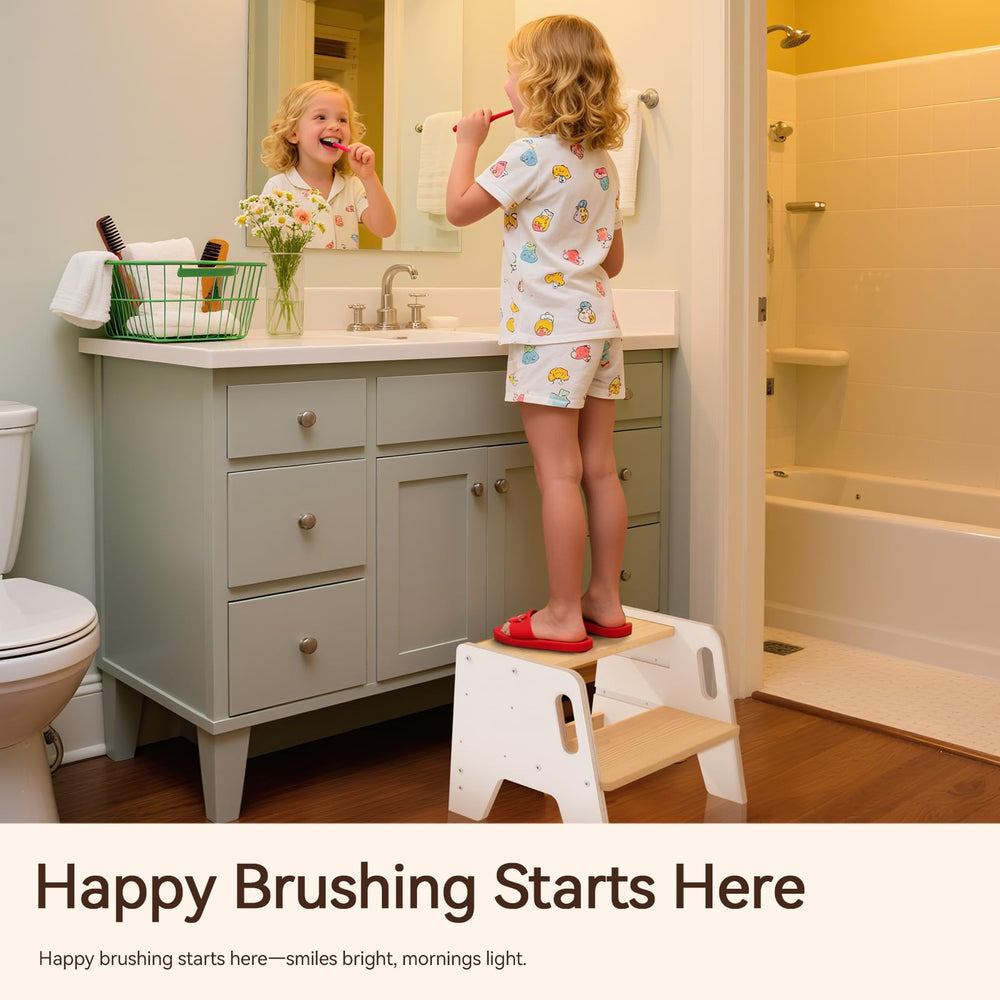 Wingyz potty training scene with child reaching sink using step stool.