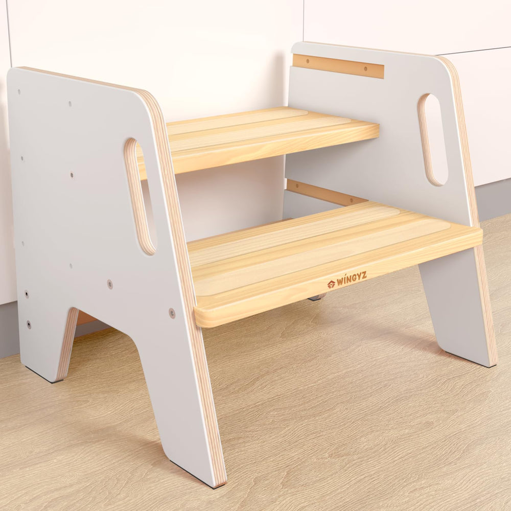 Wingyz toddler step stool with handles demonstrates adjustable 3 levels for potty training reach.