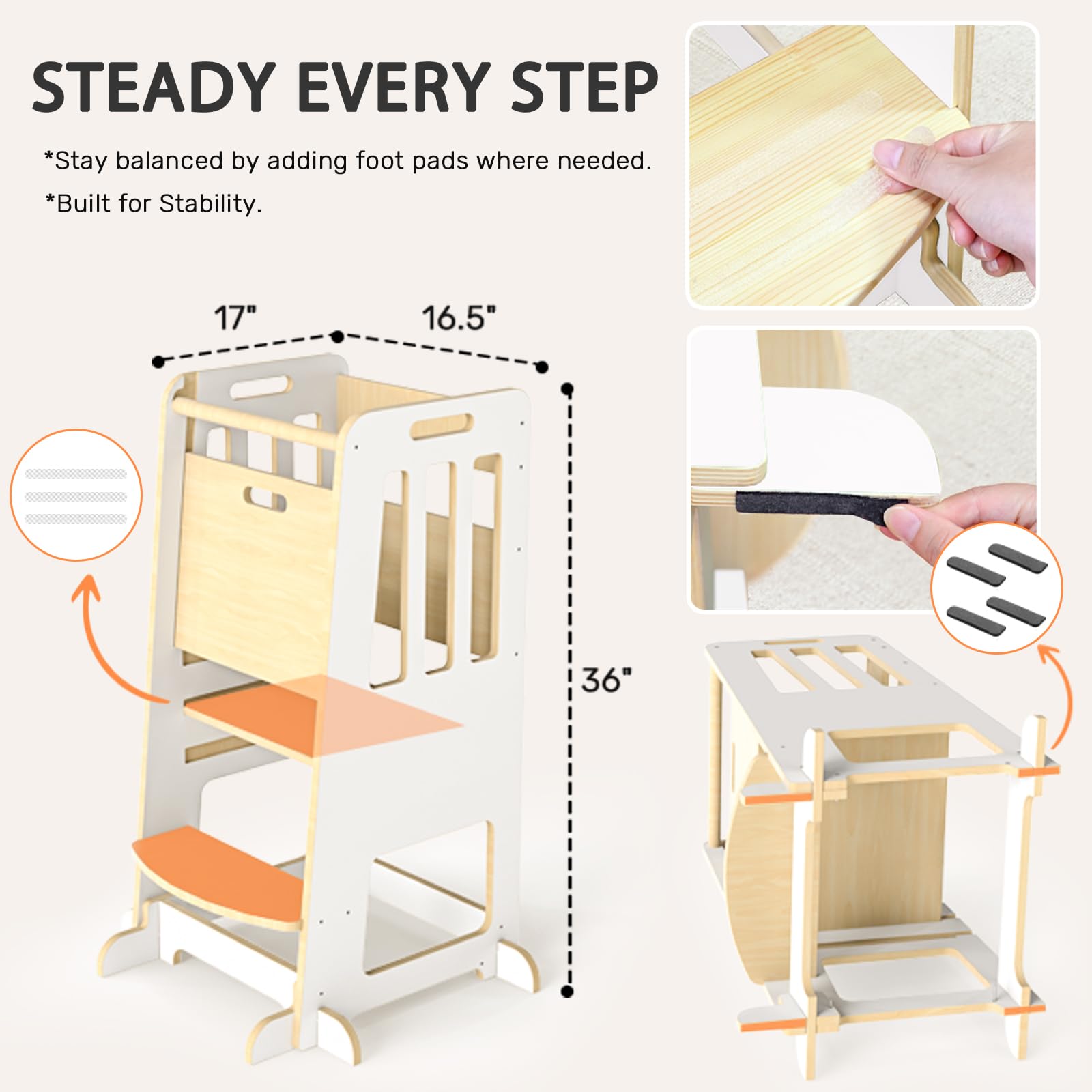 Wingyz Toddler Tower dimensions image shows fits standard countertops for safe kitchen help.