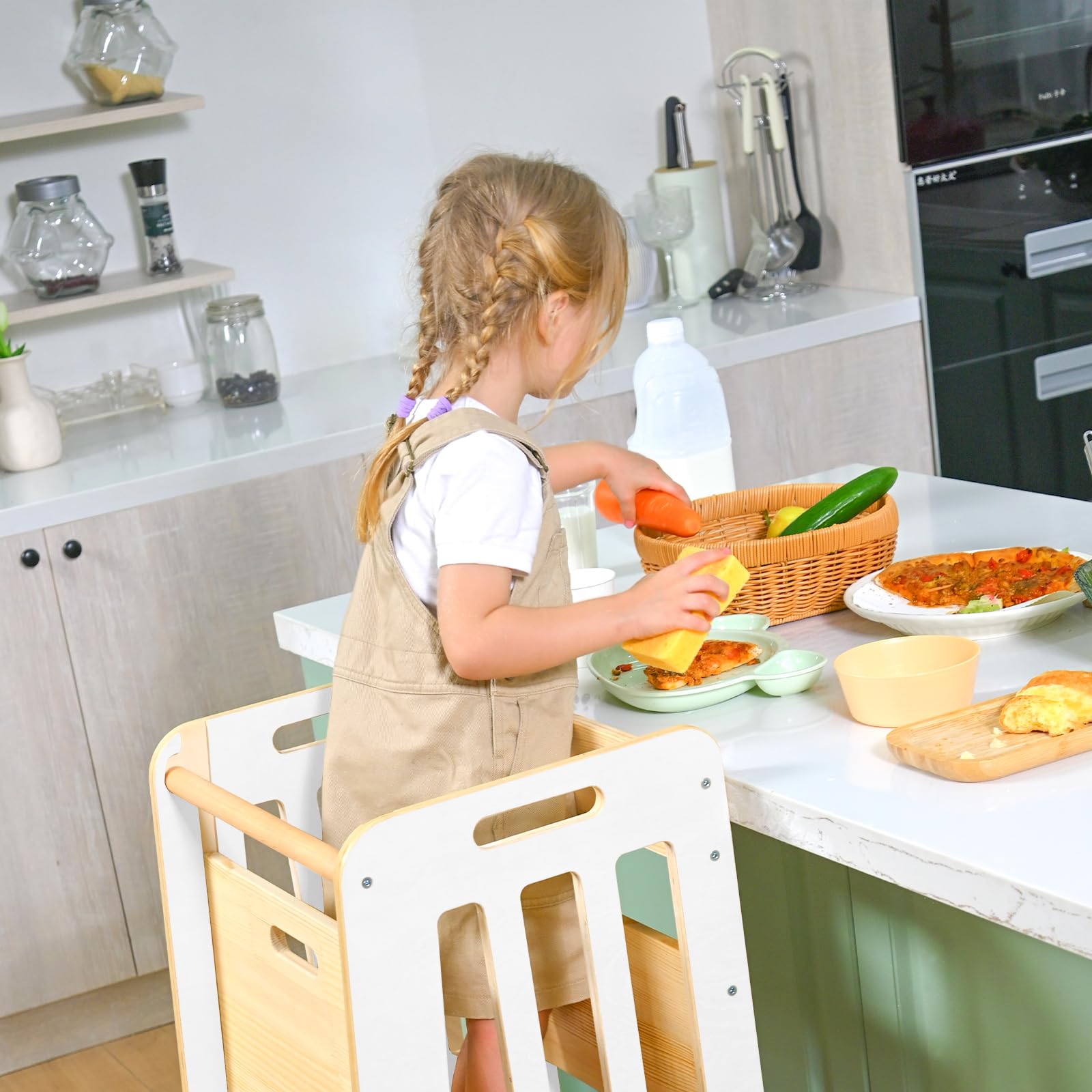 Wingyz Toddler Tower foot-pad adjustment detail demonstrates wobble-free leveling on uneven floors.