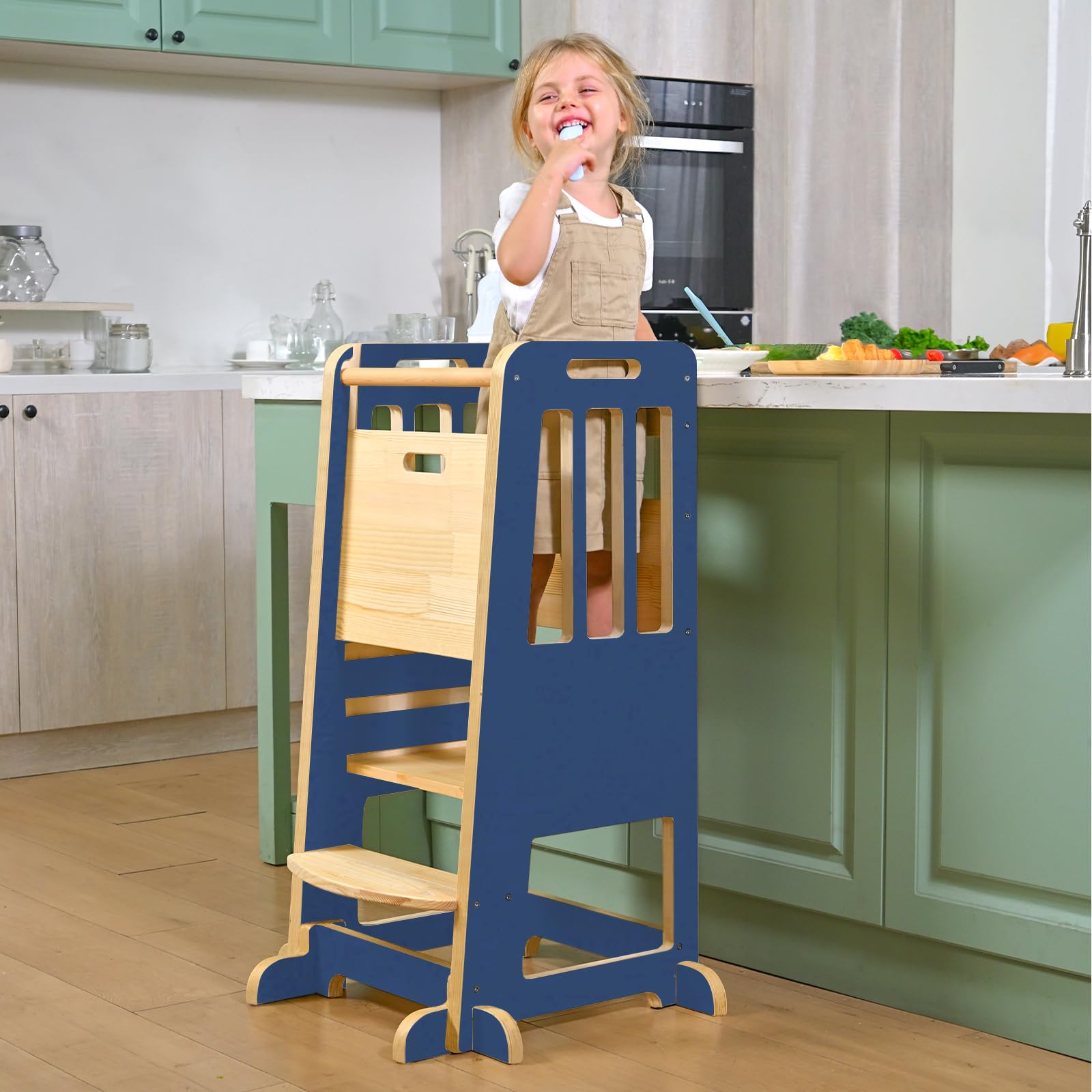 Wingyz Toddler Tower fully assembled beside kitchen counter for safe participation.