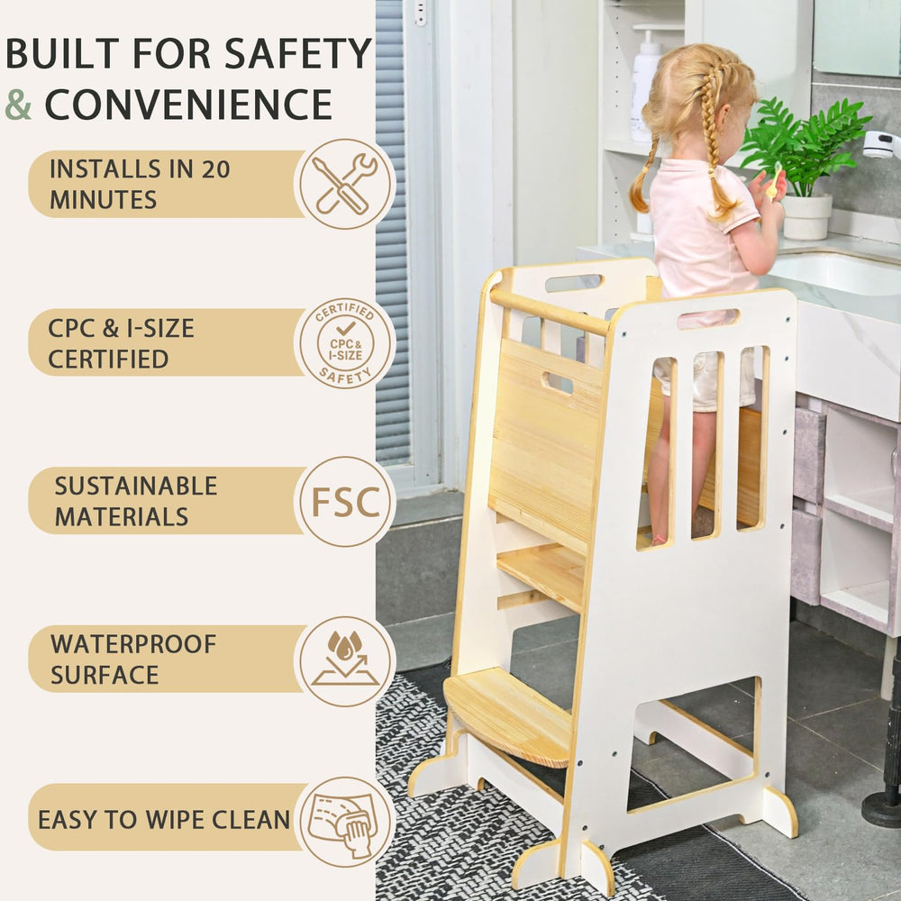 Wingyz Toddler Tower wood material close-up highlights sturdy 0.6-inch panels.