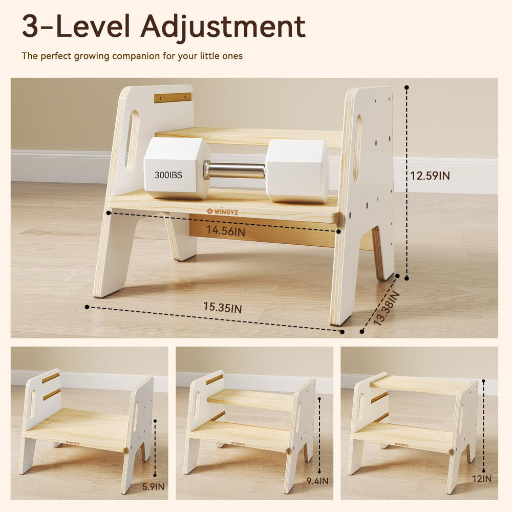 Wingyz wooden step stool with non-slip strips for stable bathroom use.