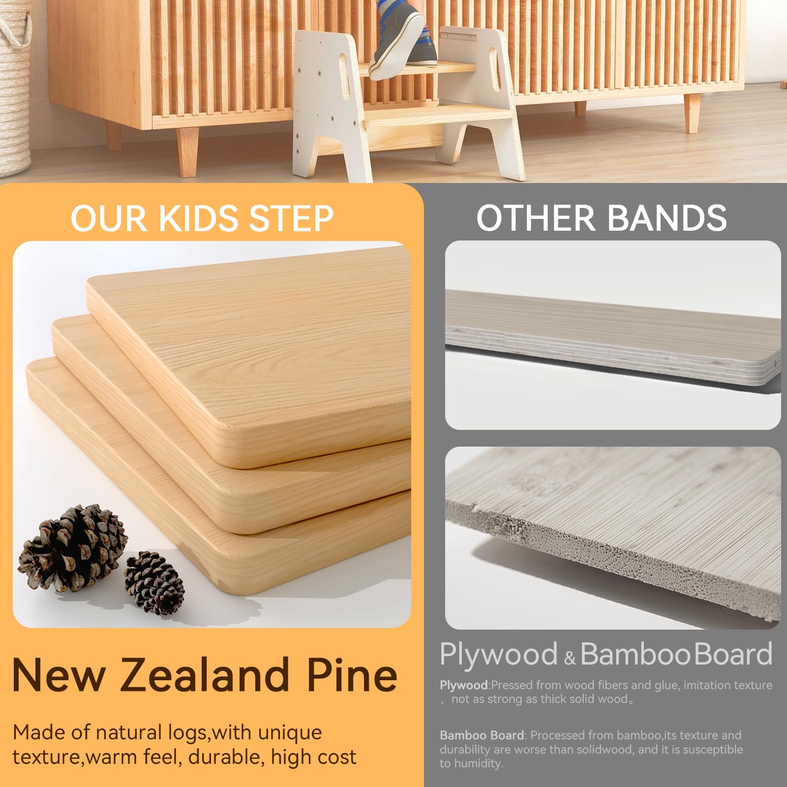 Wingyz wooden stool in kitchen, adult reach-friendly top shelf.