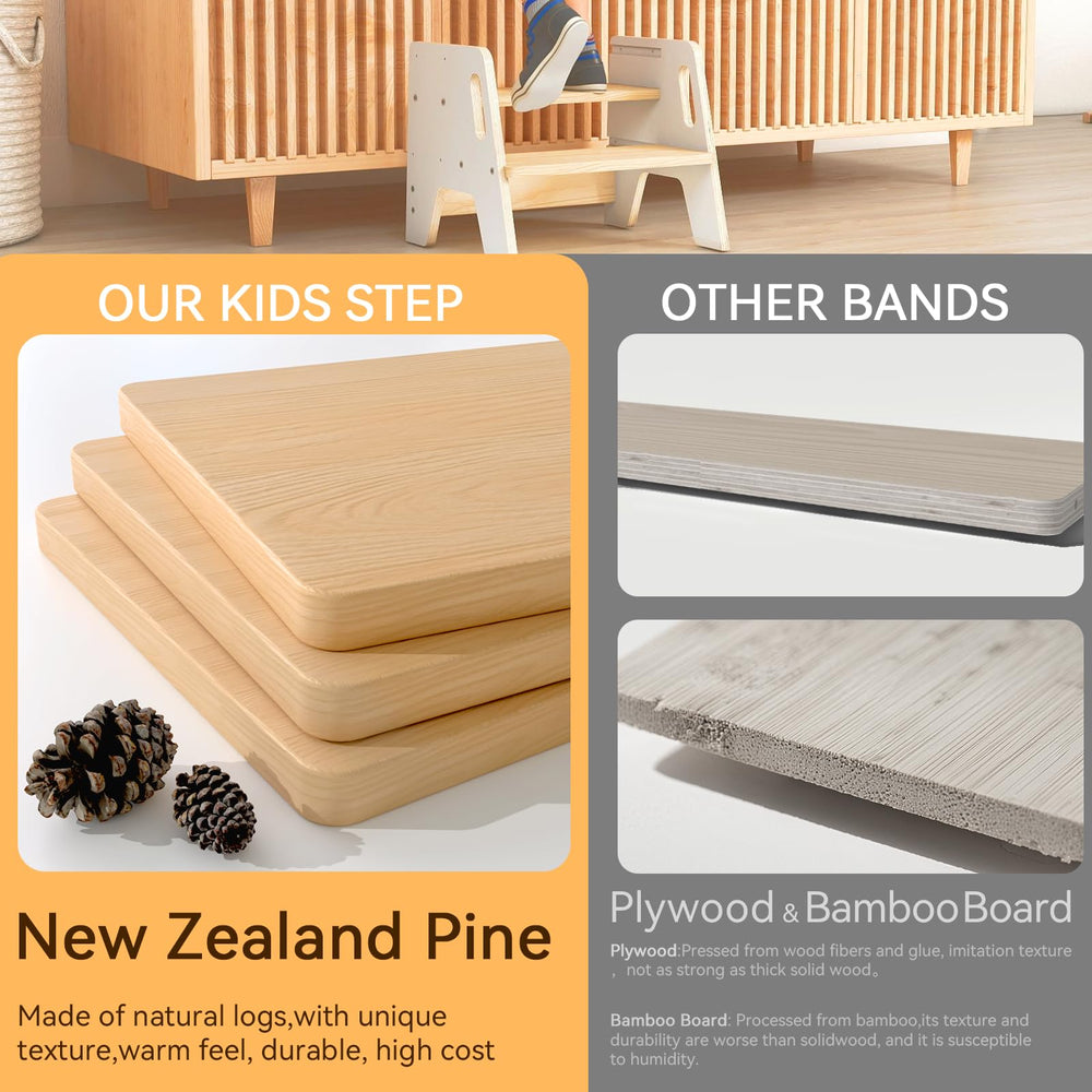 Wingyz wooden stool in kitchen, adult reach-friendly top shelf.