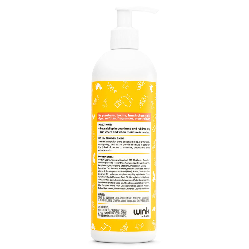Wink Naturals Wink Well Llama Baby Lotion closeup texture demonstrates fast-absorbing formula.