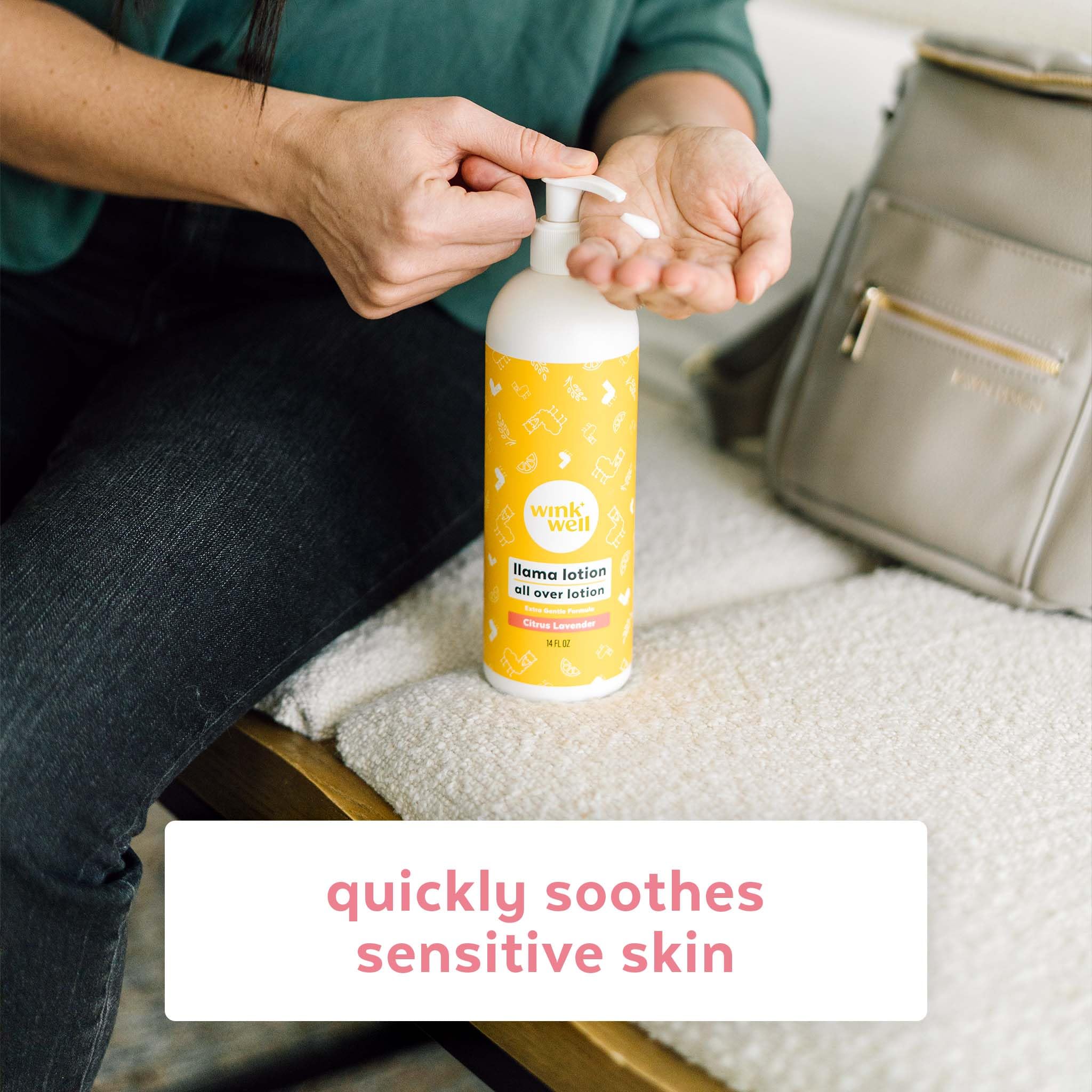 Wink Naturals Wink Well Llama Baby Lotion for dry skin shows non-greasy finish.