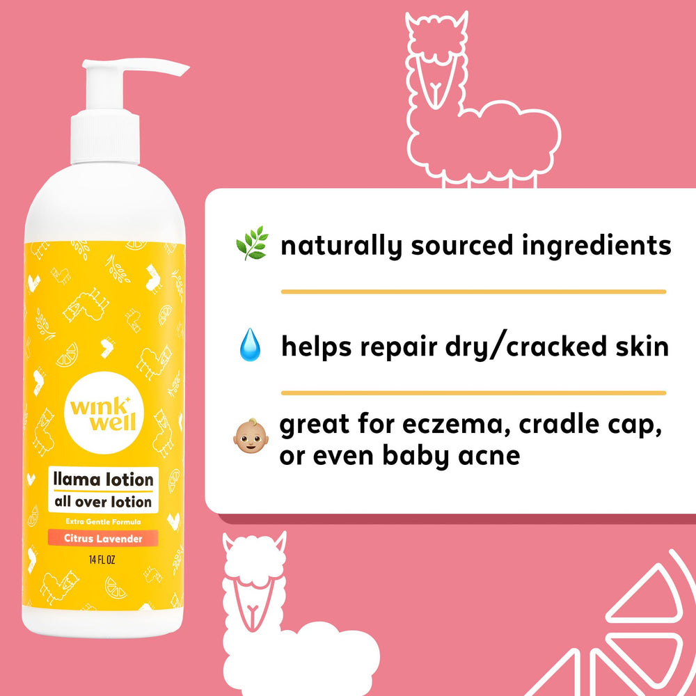 Wink Naturals Wink Well Llama Baby Lotion packaging emphasizes easy-to-use bottle and eco-friendly design.