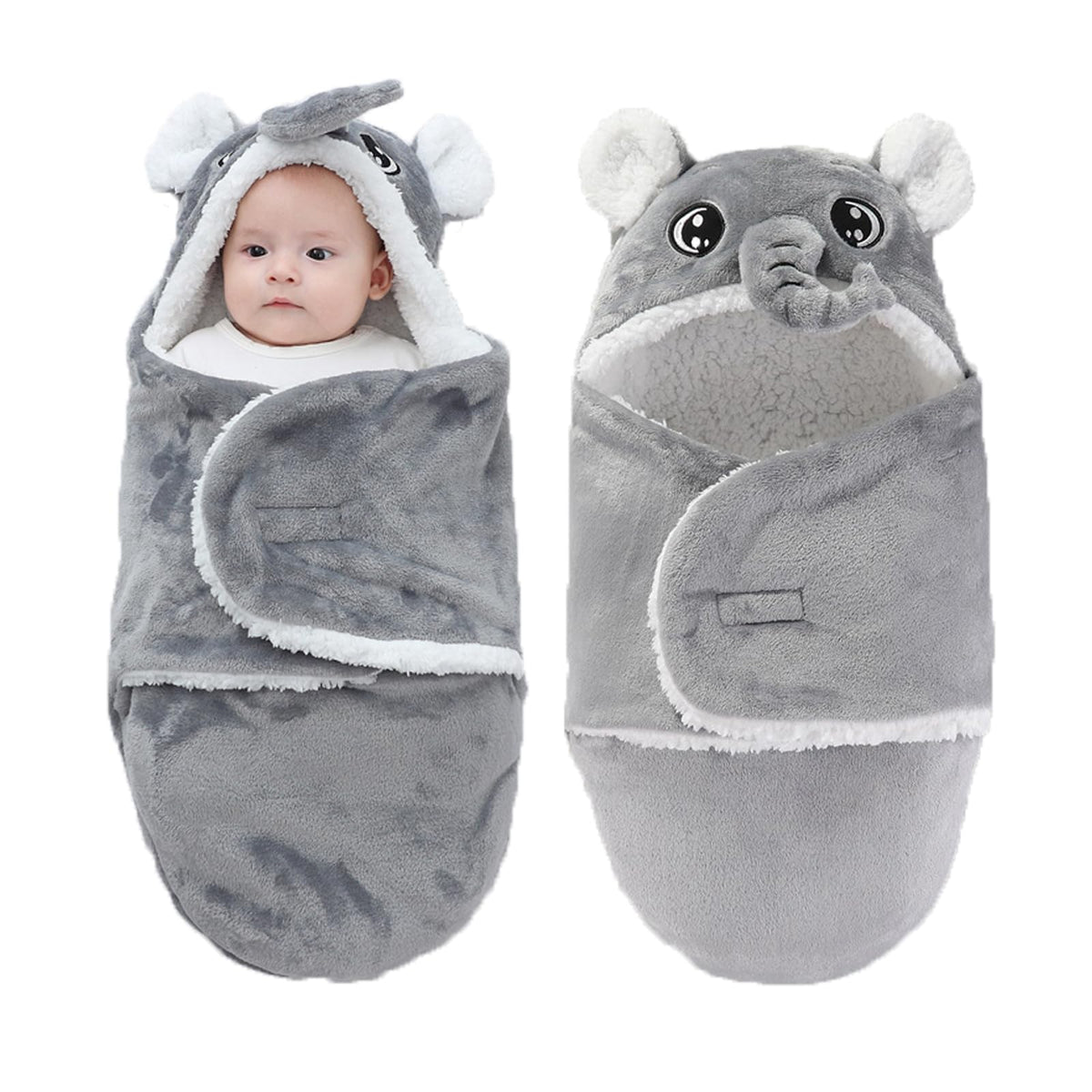 Winmany baby hooded fleece swaddle grey elephant front view offers cozy warmth for restful newborn sleep
