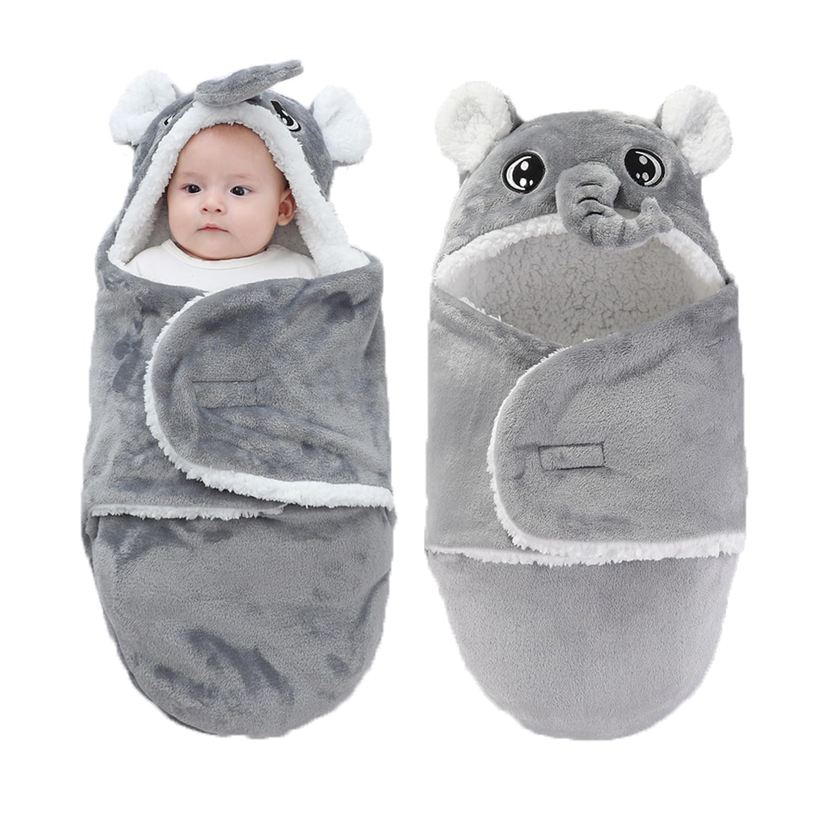 Winmany baby hooded swaddle in grey elephant, front view, showcasing snug warmth for newborns.