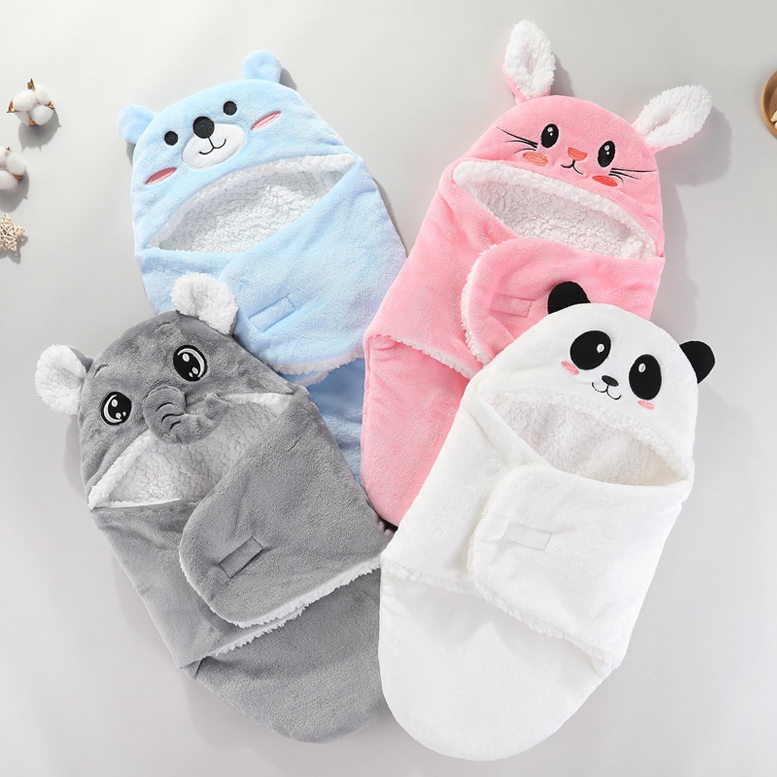 Winmany white panda swaddle front view shows two-size option for growing babies and warmth.
