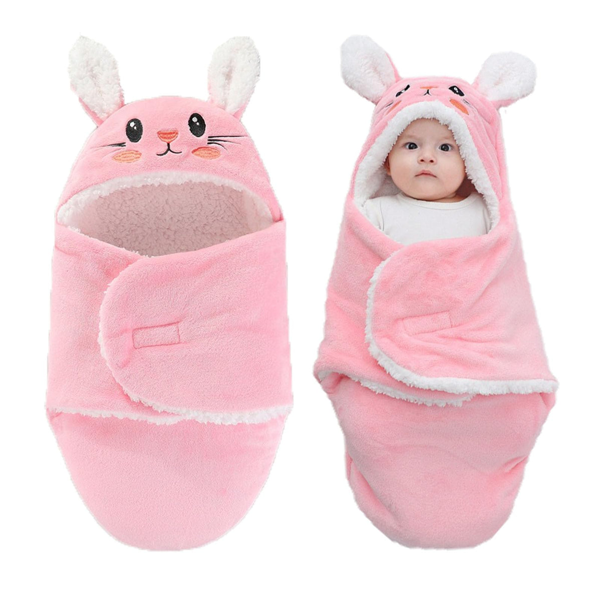 Winmany hooded swaddle pink rabbit 0-3 months keeps baby cozy and secure.