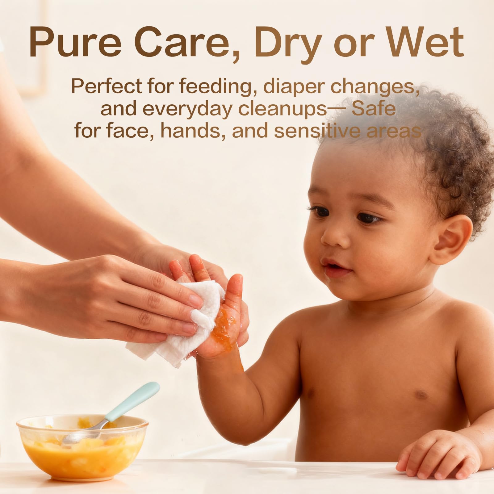 Winner 100% Cotton Dry Wipes used for mealtime cleanup illustrates gentle, effective wiping.