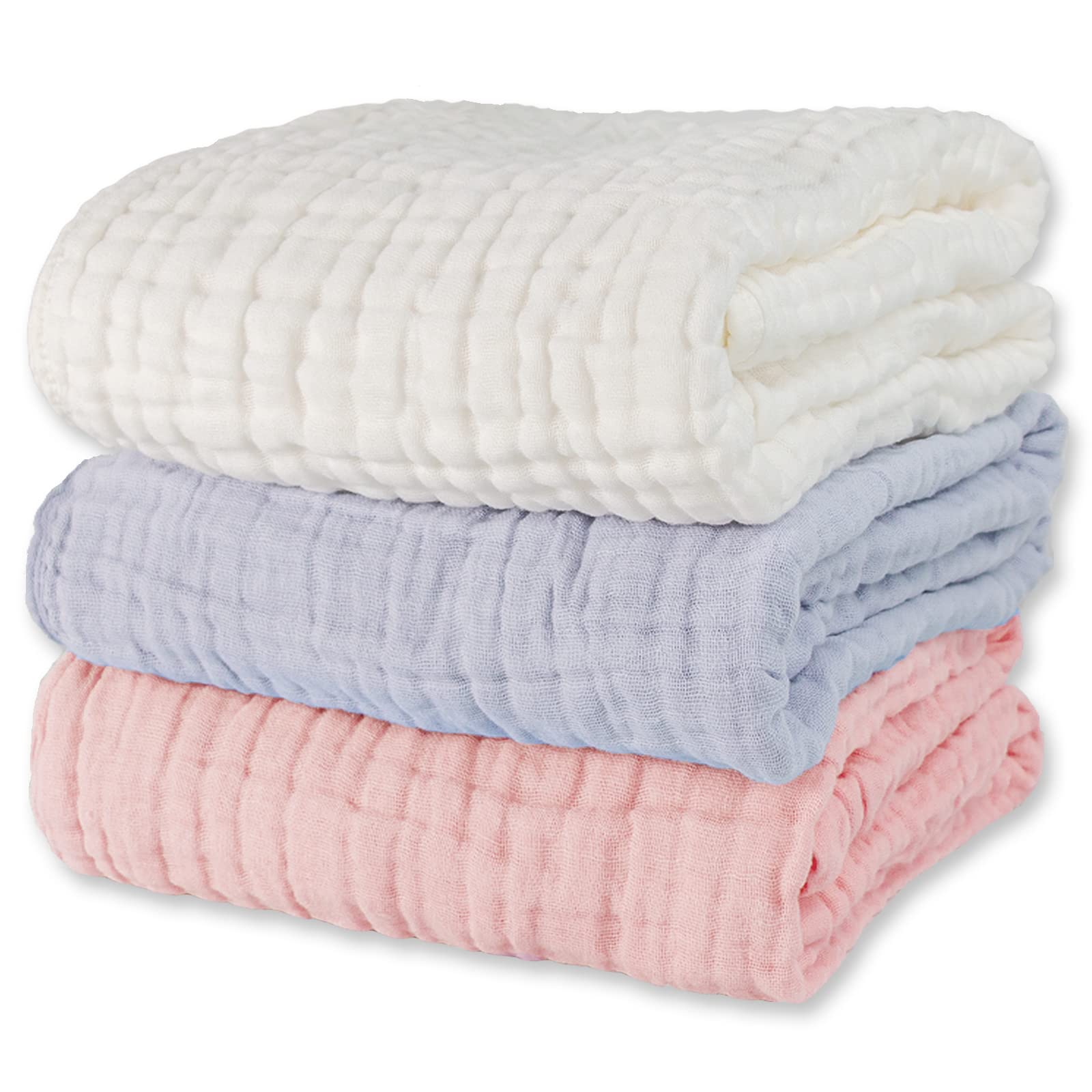 WinReal muslin baby towels set 3pack folded for quick, cozy drying after bath.