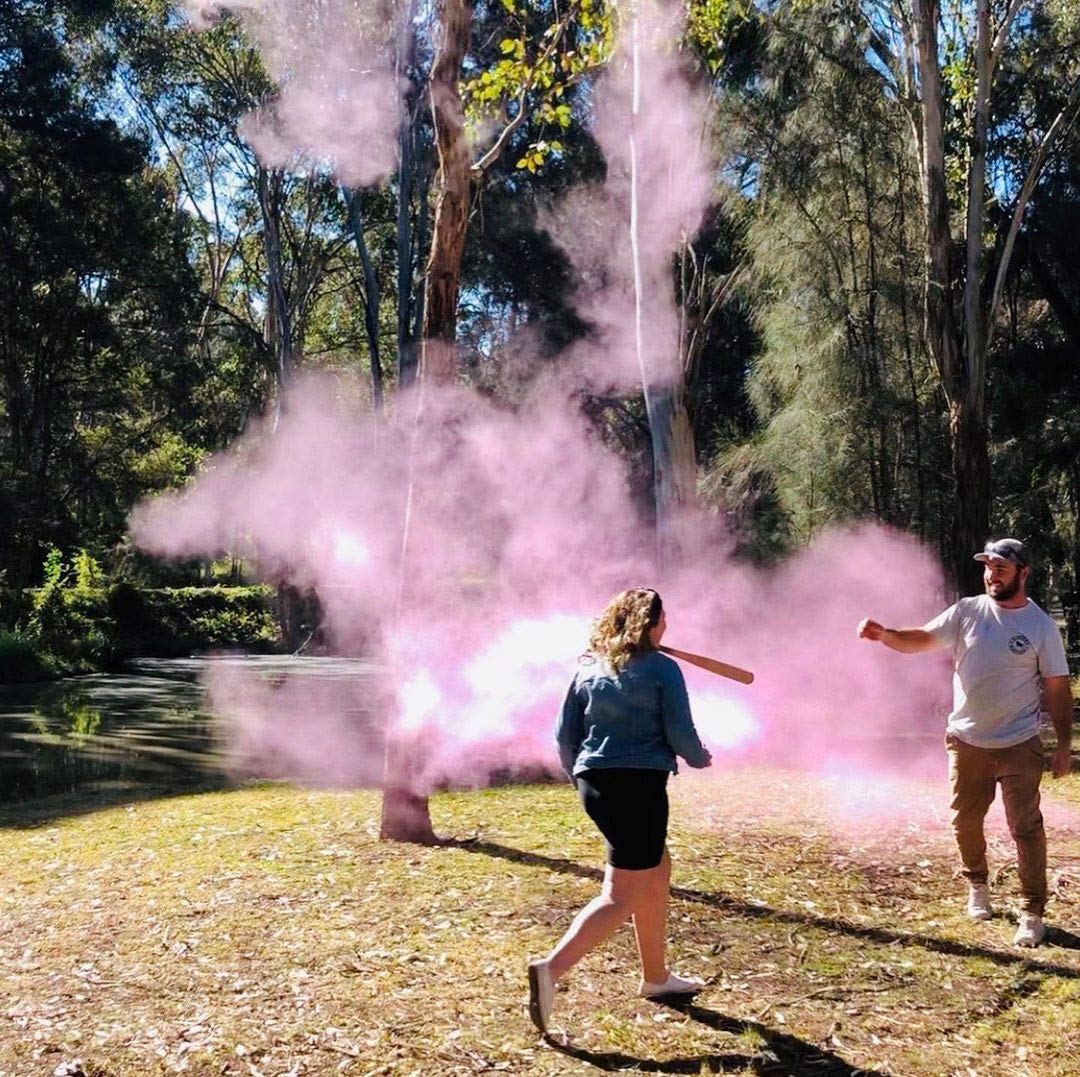 Winsharp gender reveal baseball with removable tag that hides color until impact.
