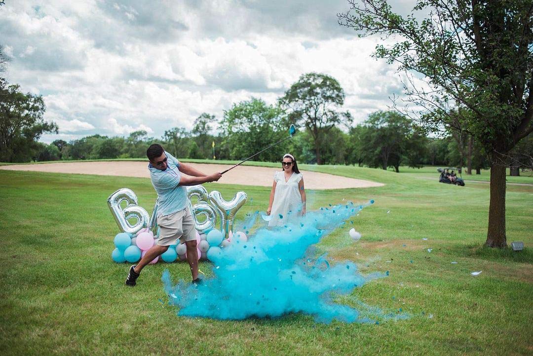 Winsharp gender reveal golf ball blue ready to reveal with vivid color cue for photos.