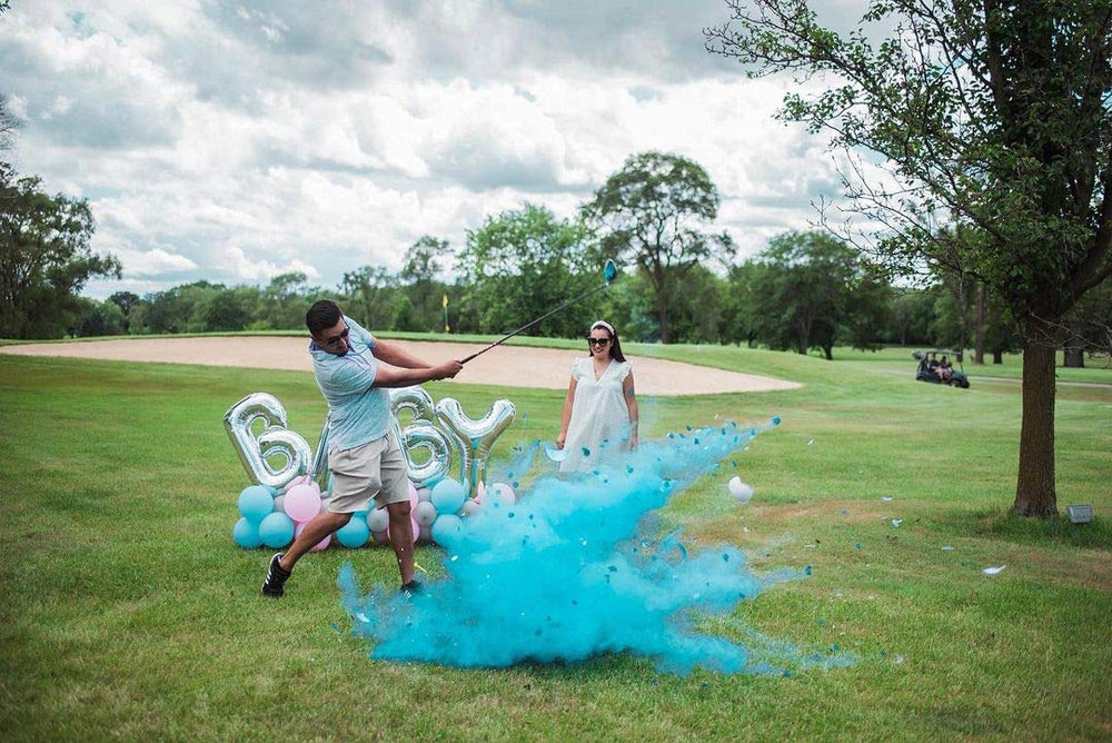 Winsharp gender reveal golf ball blue ready to reveal with vivid color cue for photos.