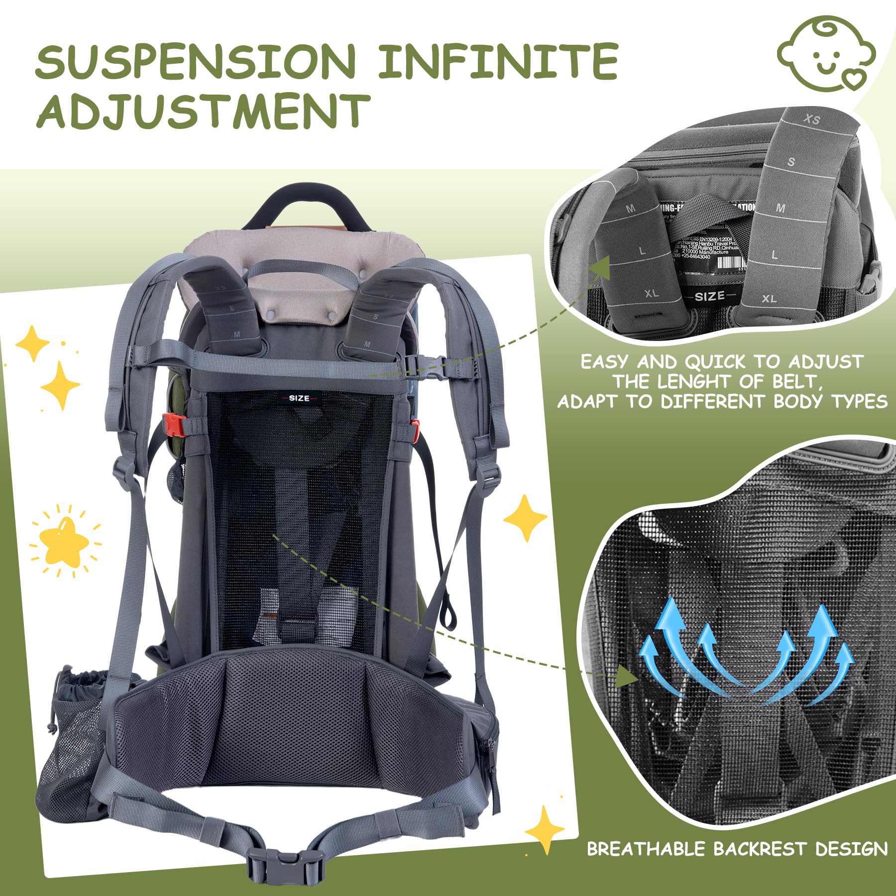 WIPHA Baby Backpack Carrier seat area adjustable to accommodate growing babies on hikes.