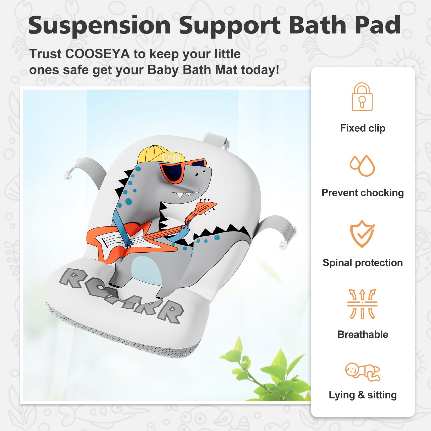Wiqins baby bath dinosaur cushion provides buoyant support for infants.