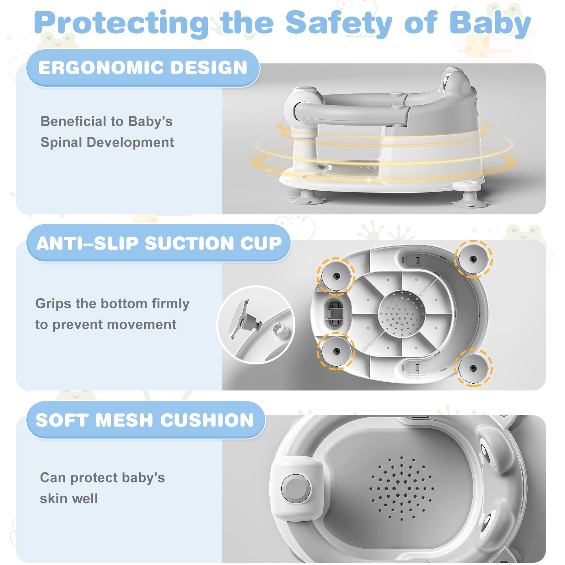 wiqins baby bath seat ergonomic posture demonstrates 360-degree protection