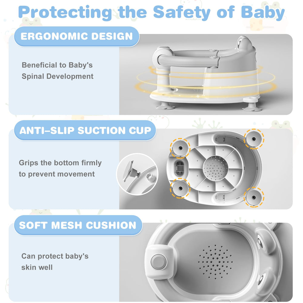wiqins baby bath seat ergonomic posture demonstrates 360-degree protection