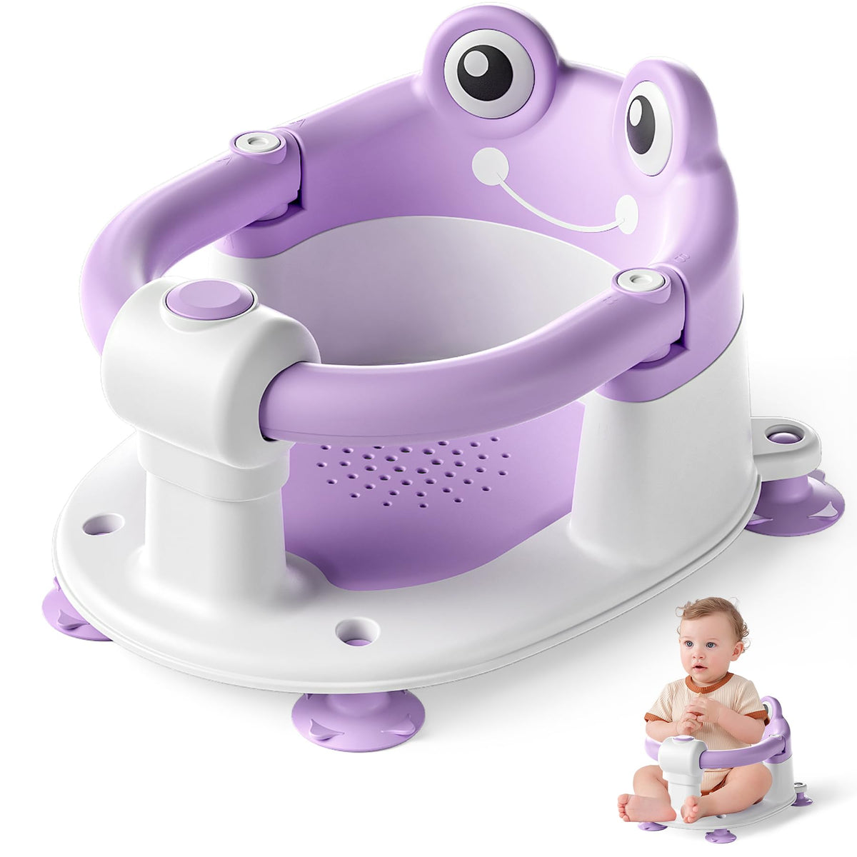 wiqins baby bath seat front view shows ergonomic support for baby's spine during baths