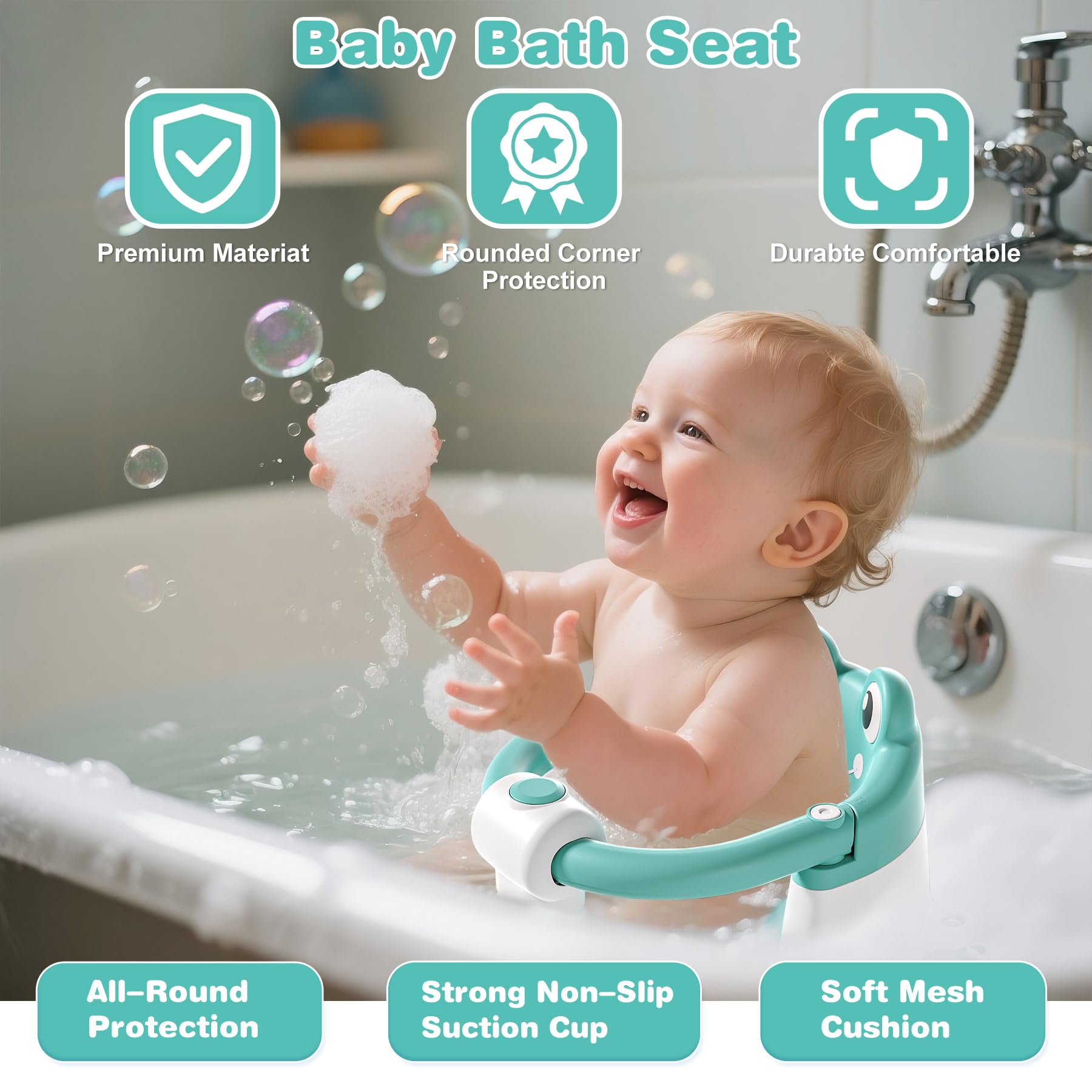 wiqins baby bath seat in-use image shows 360-degree protection for secure bathing.